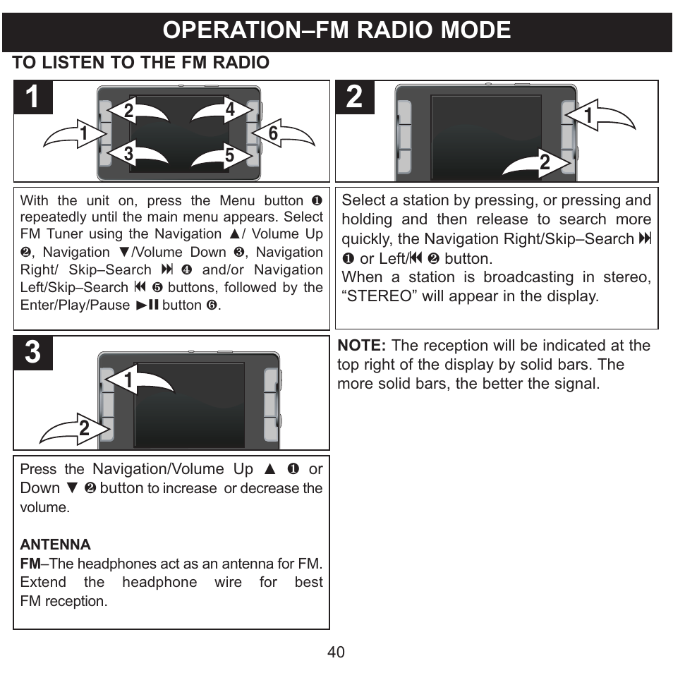 Operation–fm radio mode | Memorex MMP9008 User Manual | Page 41 / 142