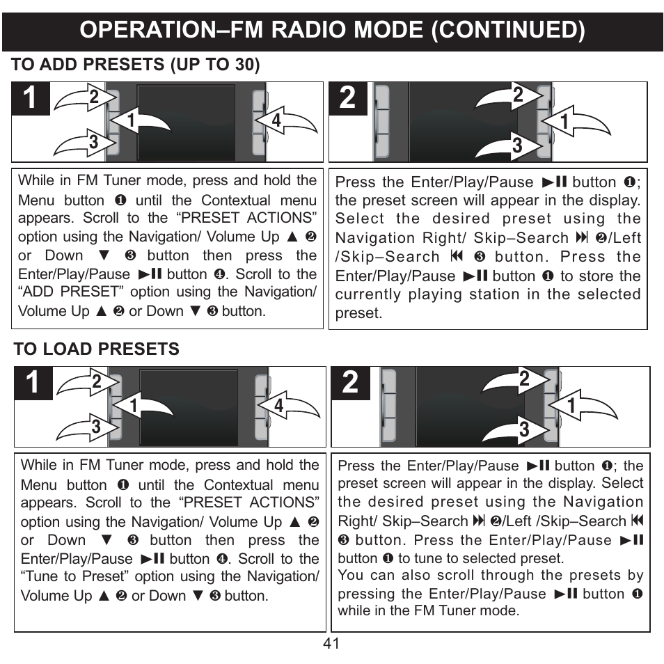 Operation–fm radio mode (continued) | Memorex MMP9008 User Manual | Page 42 / 142