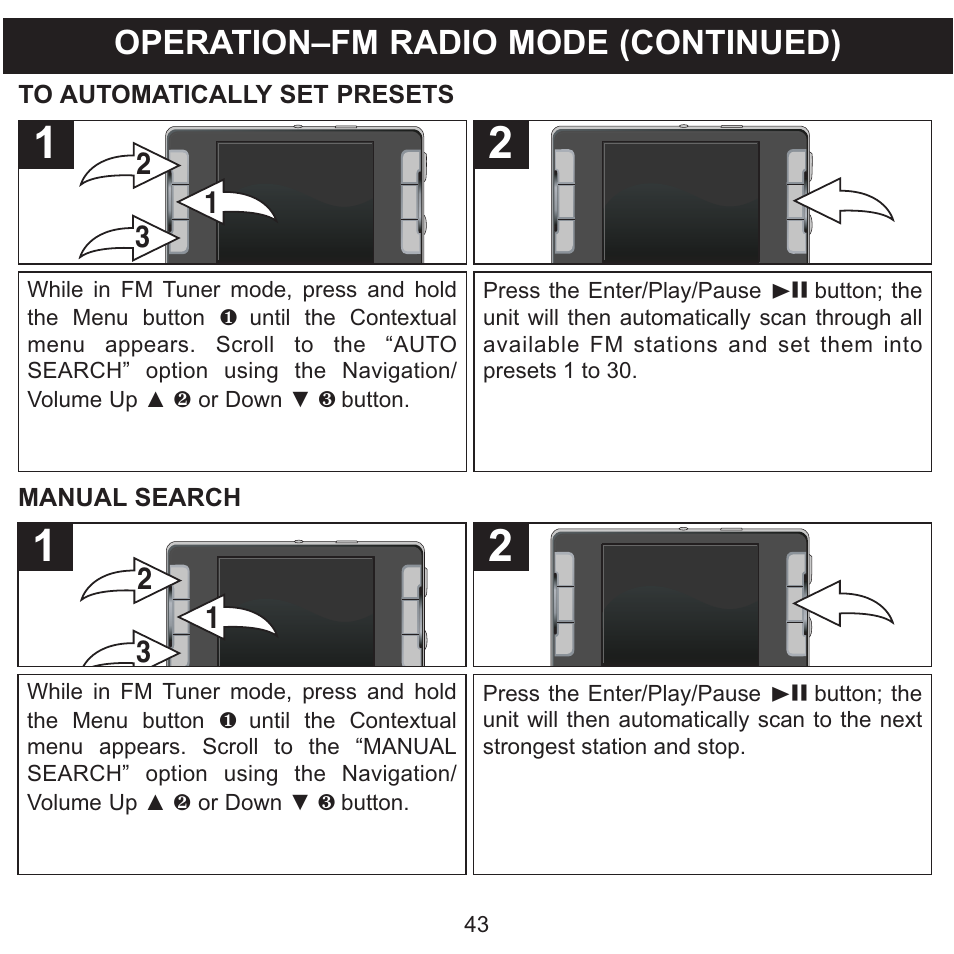 Operation–fm radio mode (continued) | Memorex MMP9008 User Manual | Page 44 / 142