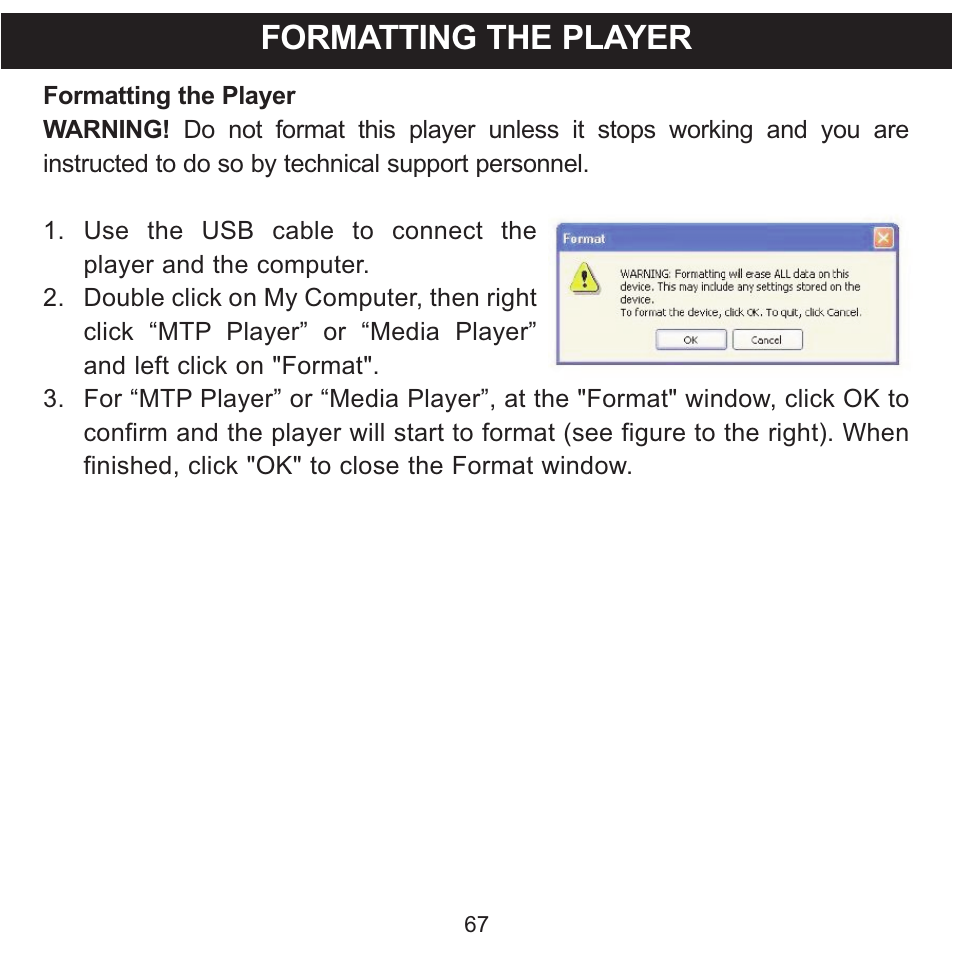 Formatting the player | Memorex MMP9008 User Manual | Page 68 / 142