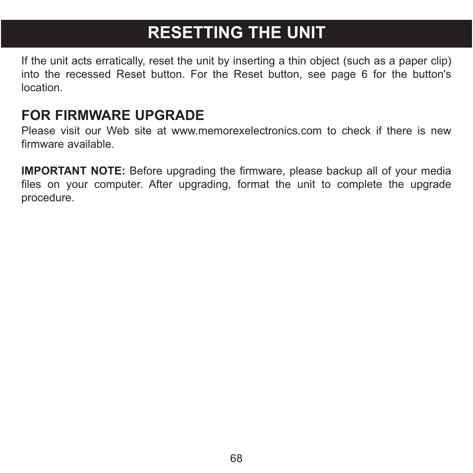 Resetting the unit, For firmware upgrade | Memorex MMP9008 User Manual | Page 69 / 142