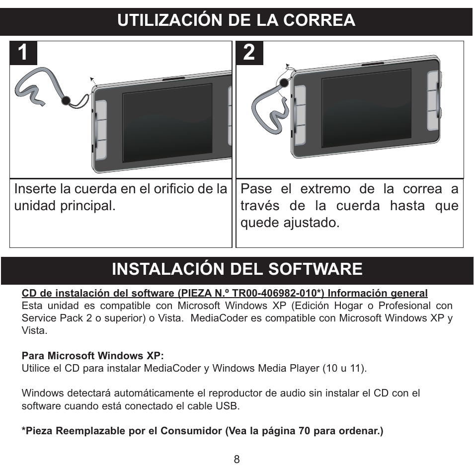 Instalación del software utilización de la correa | Memorex MMP9008 User Manual | Page 79 / 142