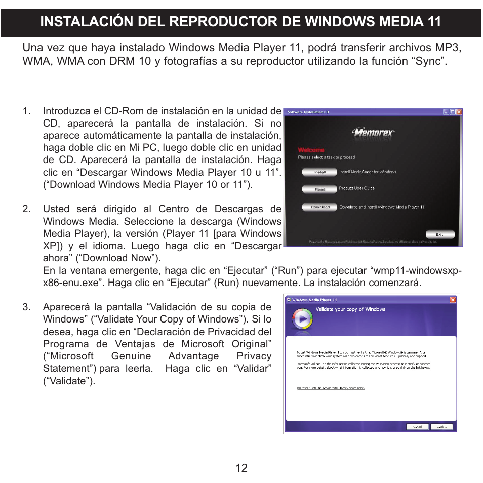 Instalación del reproductor de windows media 11 | Memorex MMP9008 User Manual | Page 83 / 142