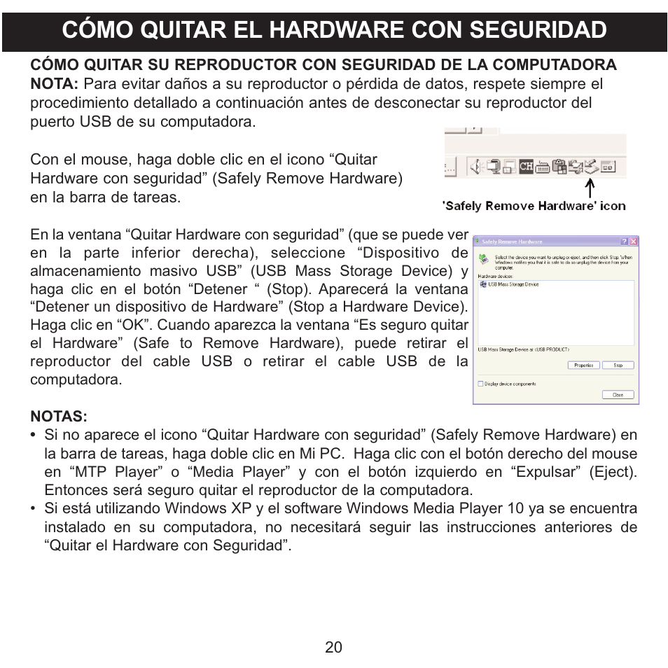 Cómo quitar el hardware con seguridad | Memorex MMP9008 User Manual | Page 91 / 142