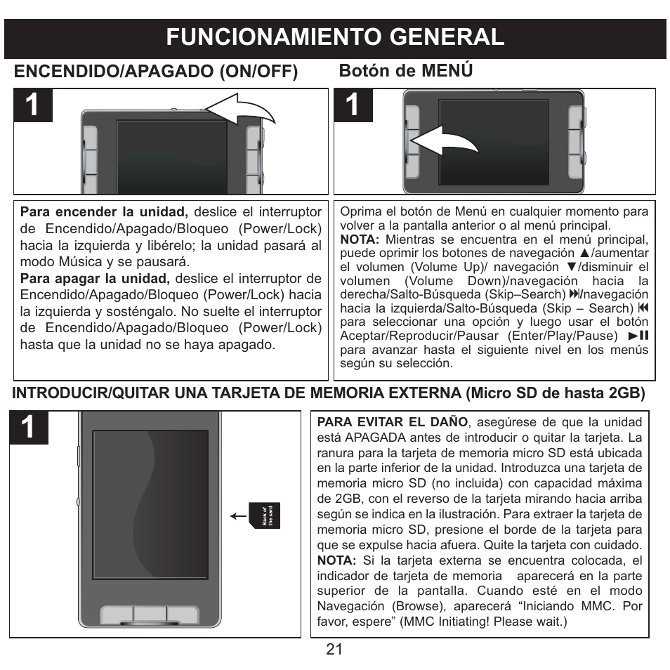 Funcionamiento general, Encendido/apagado (on/off) botón de menú | Memorex MMP9008 User Manual | Page 92 / 142