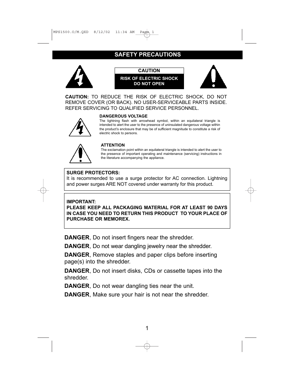 1safety precautions | Memorex MPS1500 User Manual | Page 2 / 8