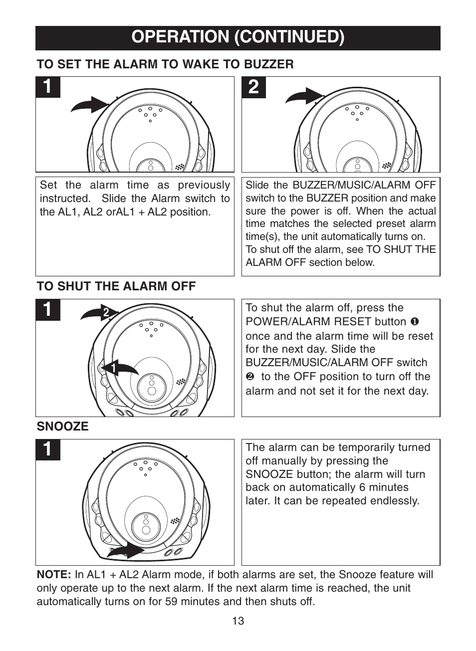 Operation (continued), Snooze | Memorex MC2863 User Manual | Page 14 / 19