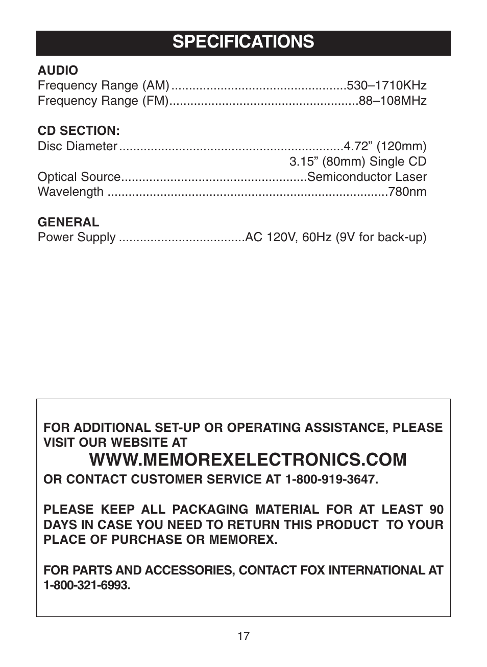 Specifications | Memorex MC2863 User Manual | Page 18 / 19