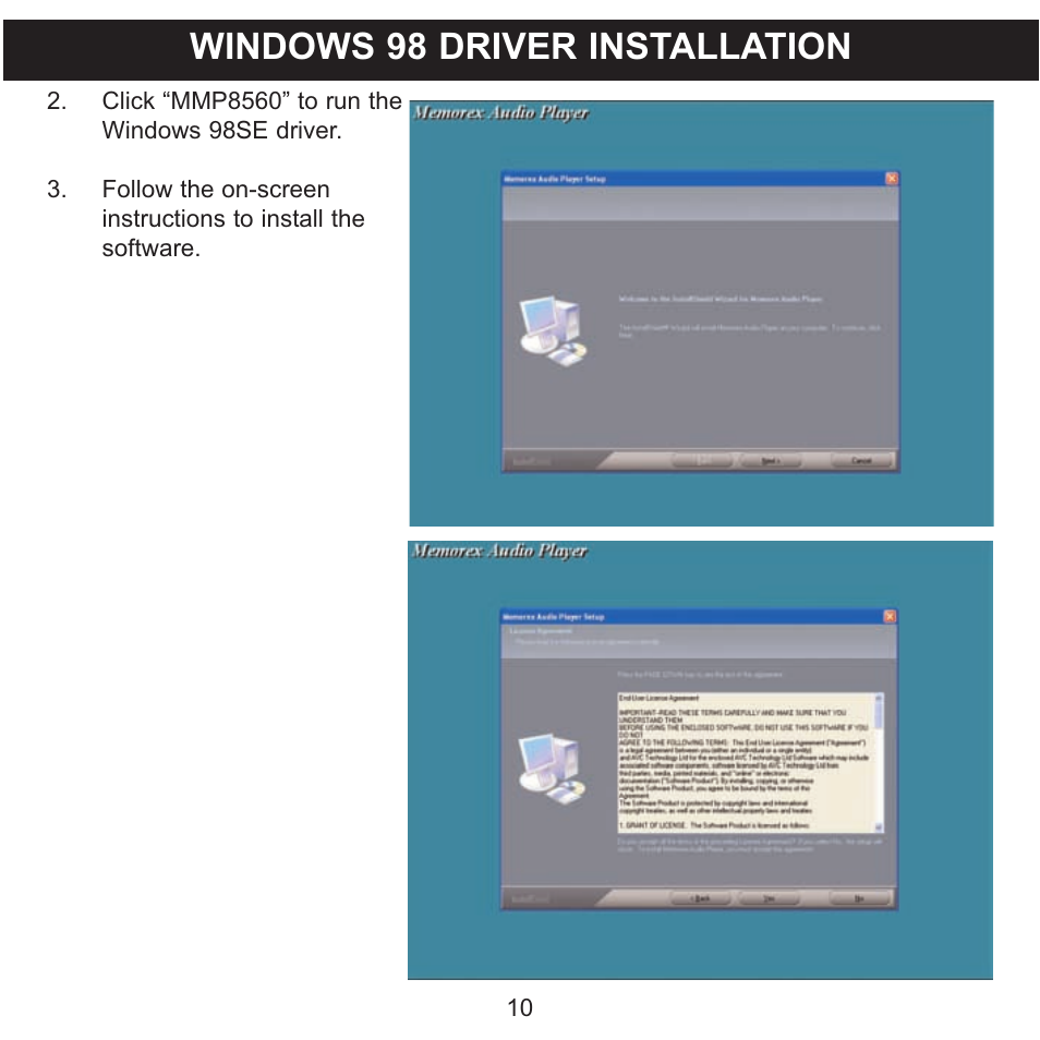 Windows 98 driver installation | Memorex MMP8560 User Manual | Page 11 / 41
