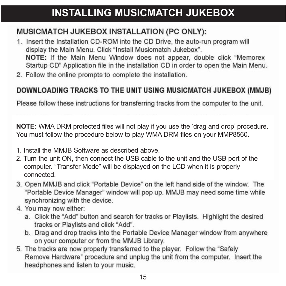 Installing musicmatch jukebox | Memorex MMP8560 User Manual | Page 16 / 41