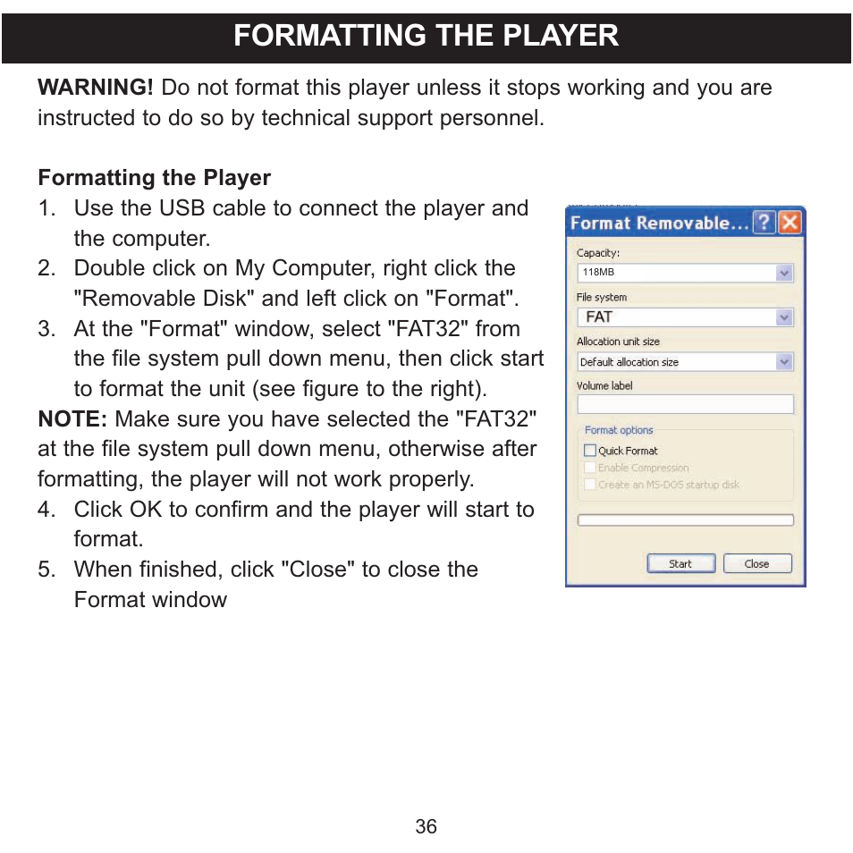 Formatting the player | Memorex MMP8560 User Manual | Page 37 / 41