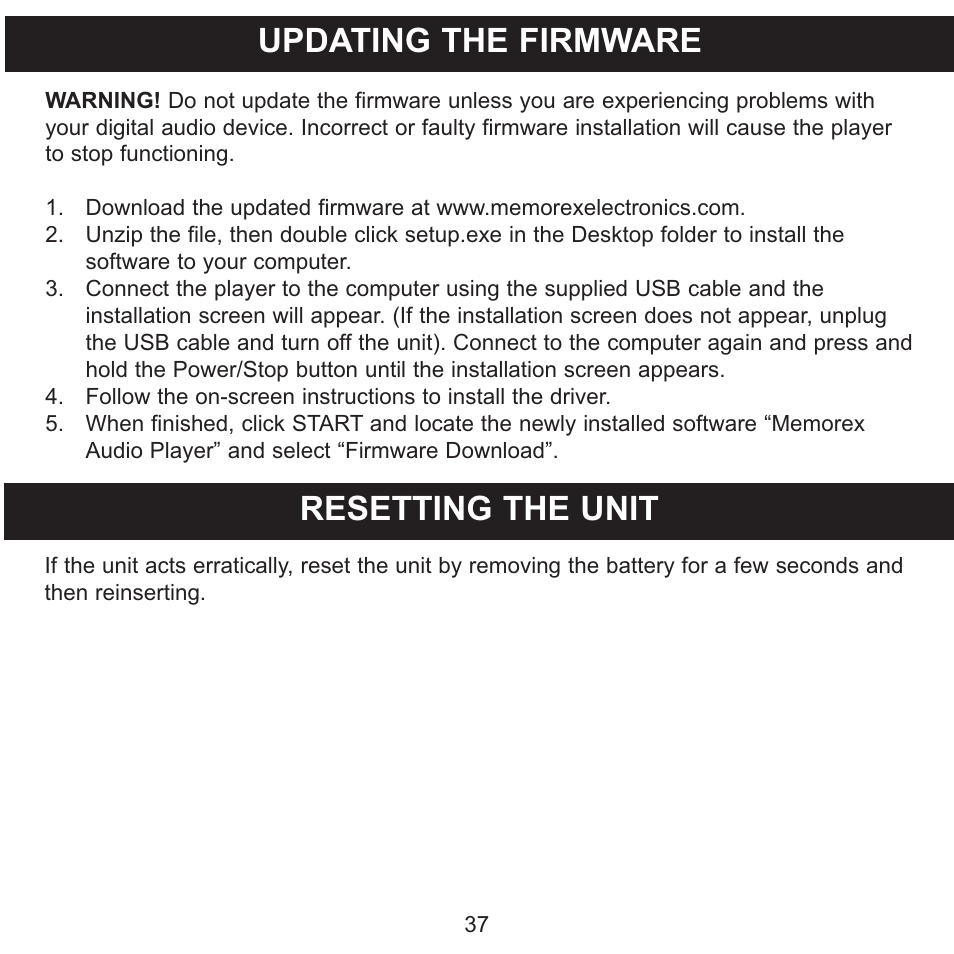 Updating the firmware, Resetting the unit | Memorex MMP8560 User Manual | Page 38 / 41