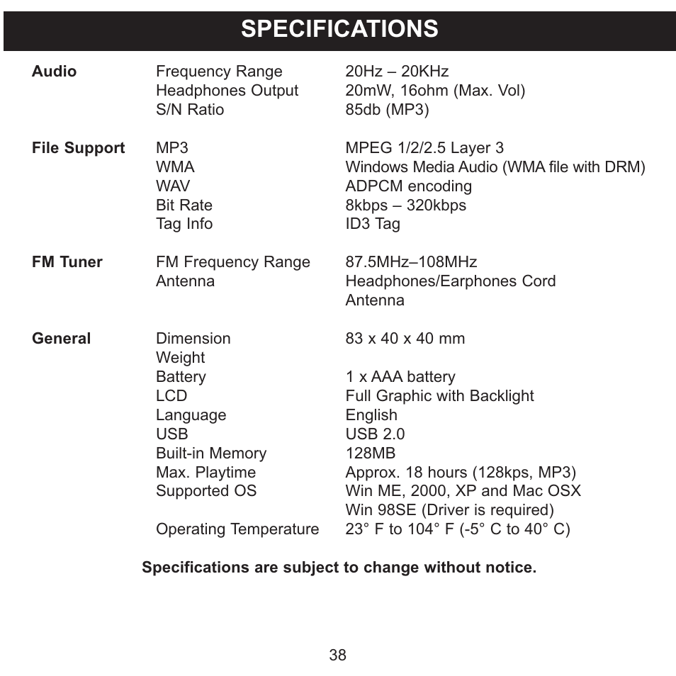 Specifications | Memorex MMP8560 User Manual | Page 39 / 41