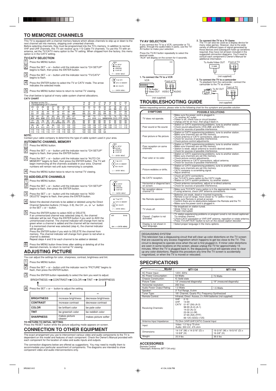 Adjusting picture, Troubleshooting guide, Connection to other equipment | Specifications, Reset video in audio in, Reset video in audio in reset video in audio in, Accessories | Memorex MT1194 User Manual | Page 2 / 5