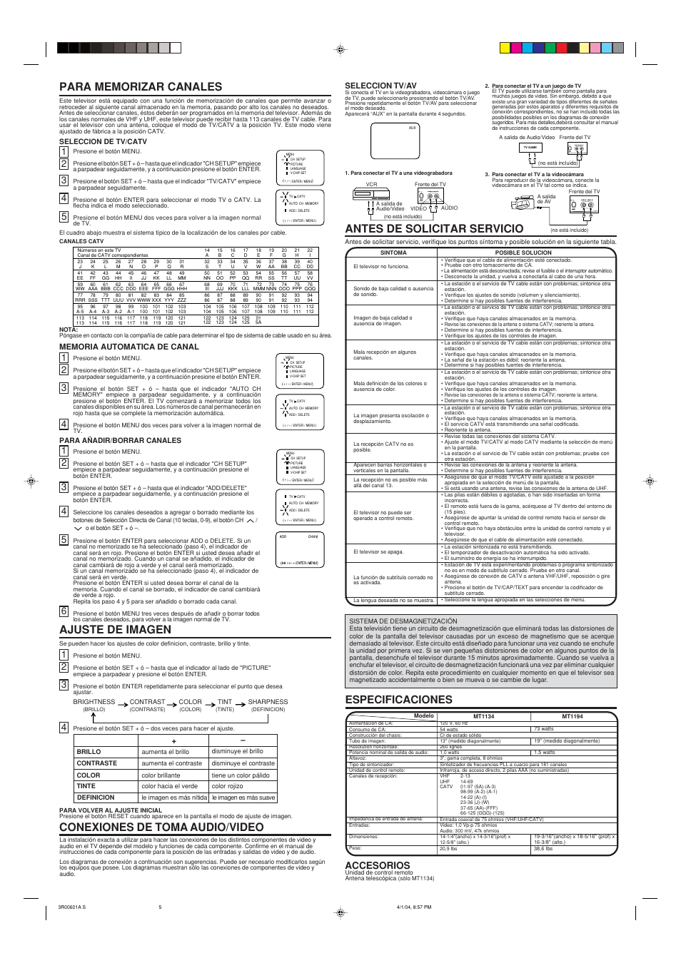 Ajuste de imagen, Antes de solicitar servicio, Conexiones de toma audio/video | Especificaciones, Reset video in audio in, Accesorios, Seleccion tv/av | Memorex MT1194 User Manual | Page 4 / 5
