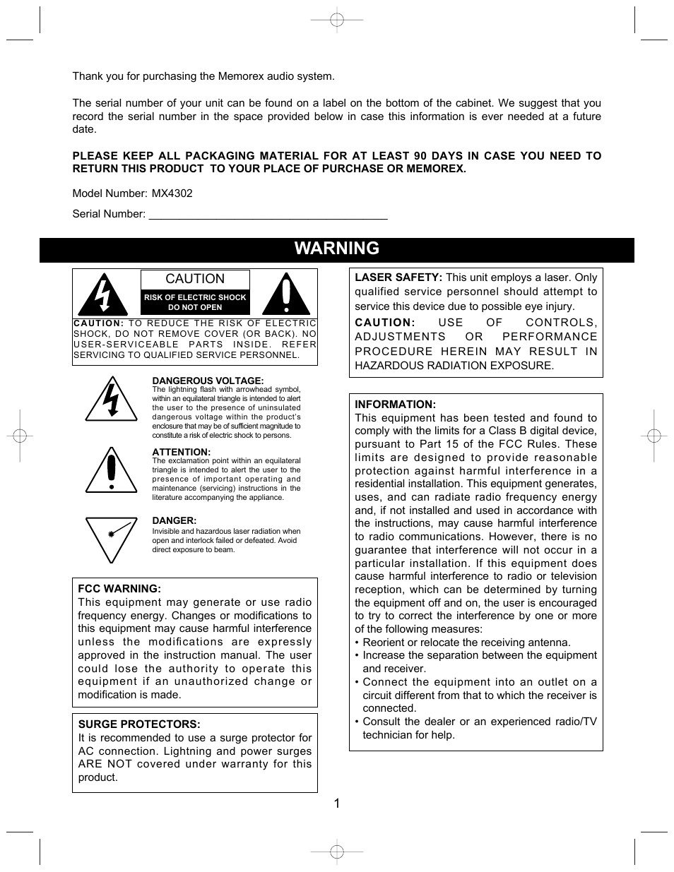 Warning, Caution | Memorex MX4302 User Manual | Page 2 / 21