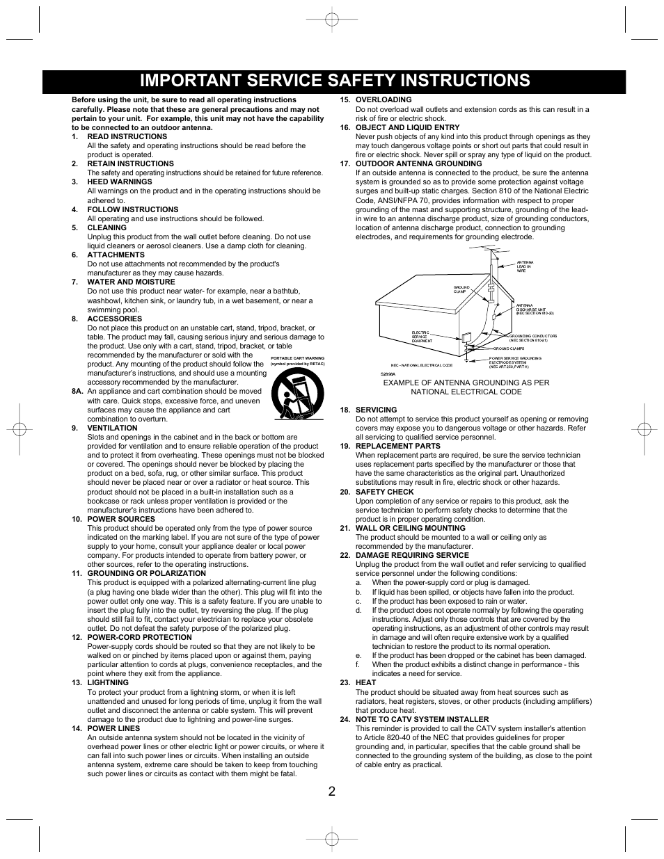 Important service safety instructions | Memorex MX4302 User Manual | Page 3 / 21
