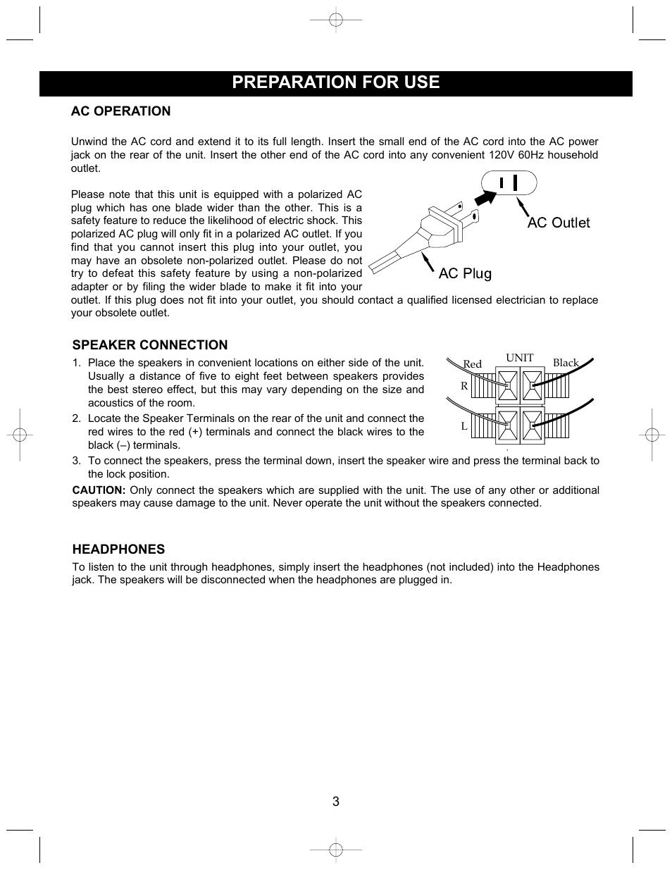 Preparation for use, Ac plug ac outlet | Memorex MX4302 User Manual | Page 4 / 21