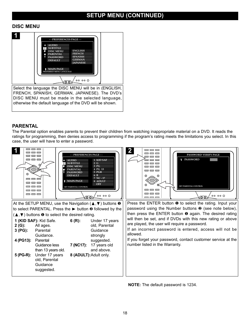 Setup menu (continued), Disc menu, Parental | Memorex MVD2029 User Manual | Page 19 / 36