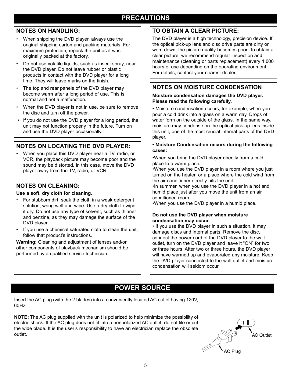 Precautions power source | Memorex MVD2029 User Manual | Page 6 / 36