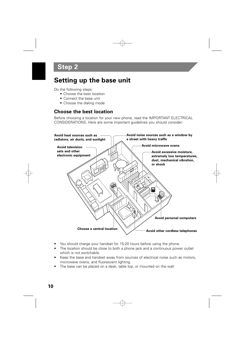 Step 2 setting up the base unit, Choose the best location | Memorex MPH6935 User Manual | Page 10 / 40