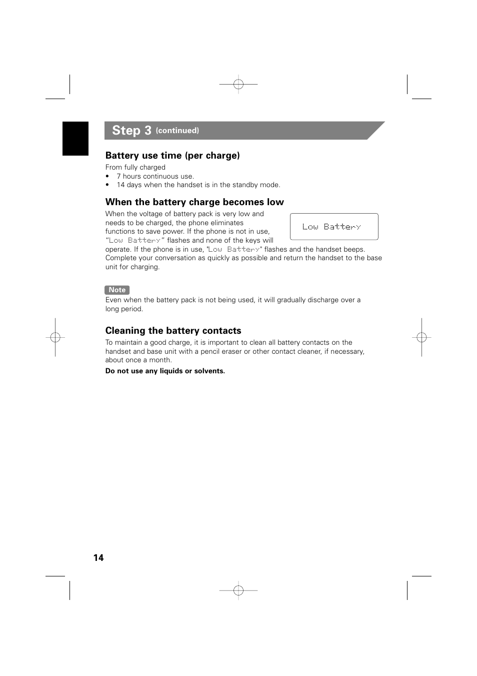 Step 3, Battery use time (per charge), When the battery charge becomes low | Cleaning the battery contacts | Memorex MPH6935 User Manual | Page 14 / 40