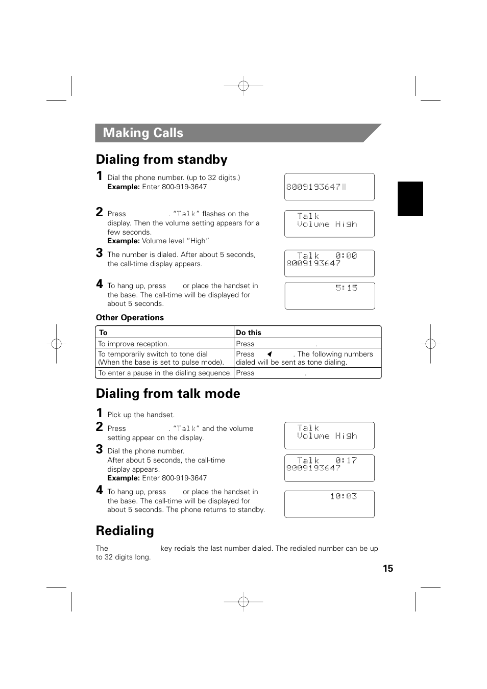 Making calls dialing from standby 1, Redialing, Dialing from talk mode 1 | Memorex MPH6935 User Manual | Page 15 / 40