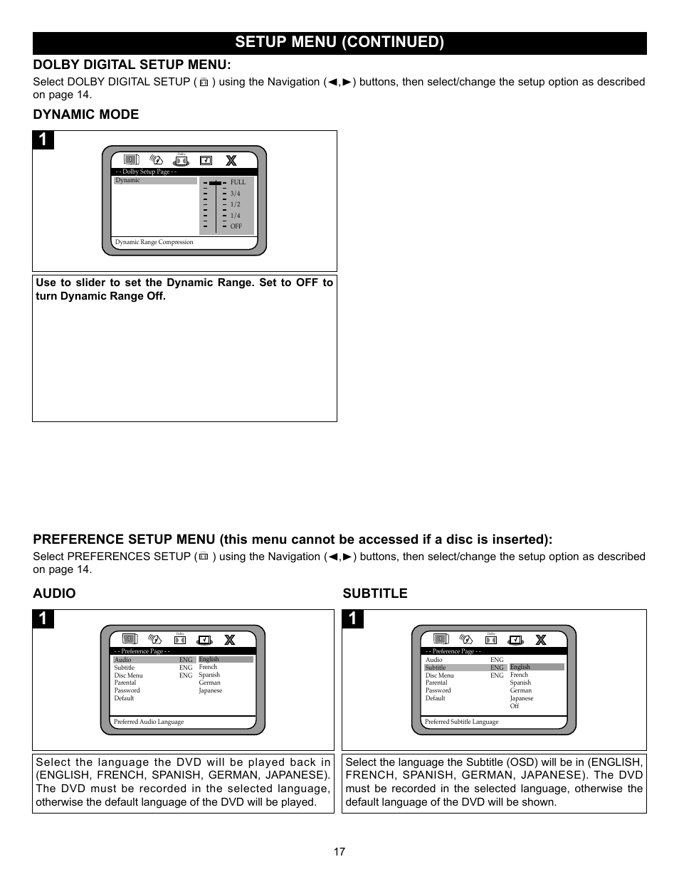 Setup menu (continued), Dolby digital setup menu, Dynamic mode | Audio subtitle | Memorex MVD2032 User Manual | Page 18 / 36