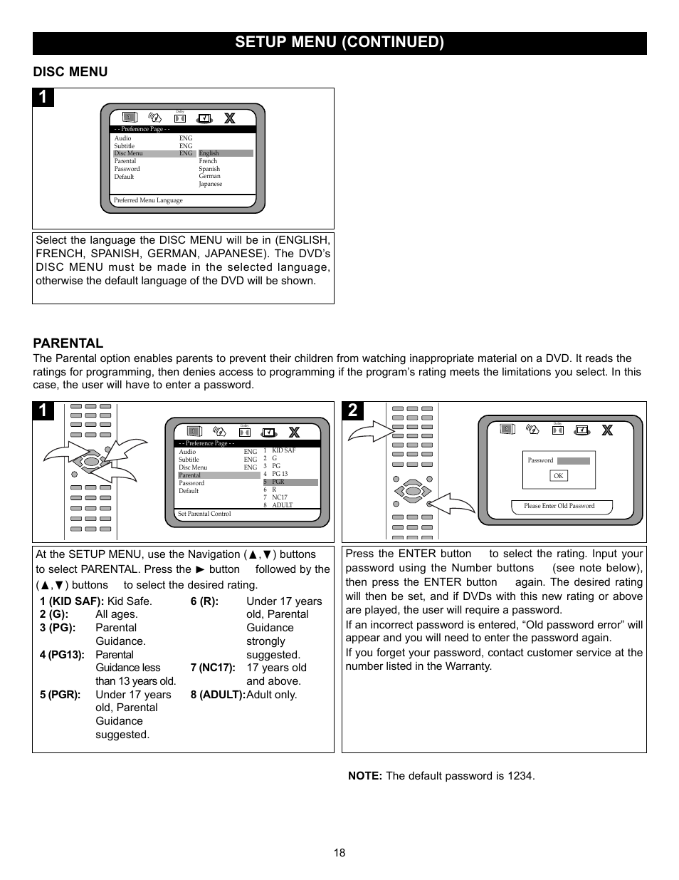 Setup menu (continued), Disc menu, Parental | Memorex MVD2032 User Manual | Page 19 / 36