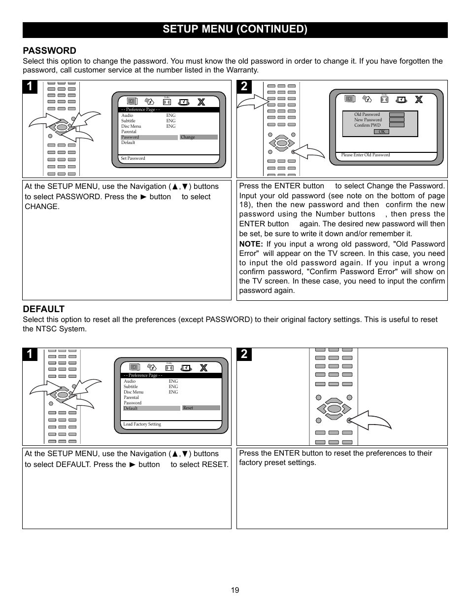 Setup menu (continued), Password, Default | Memorex MVD2032 User Manual | Page 20 / 36