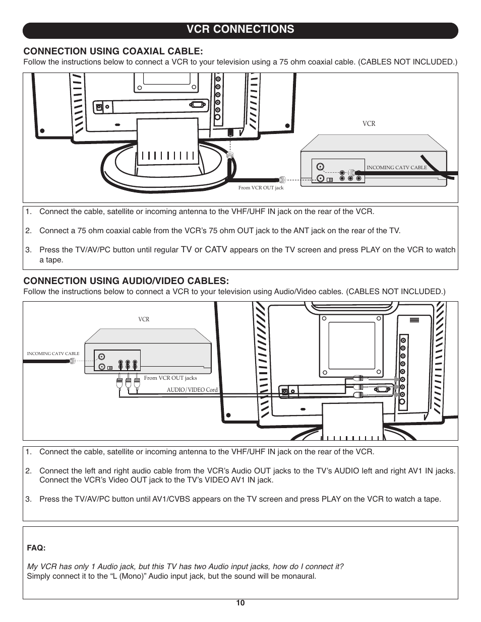 Vcr connections, Connection using coaxial cable, Connection using audio/video cables | Memorex MT1701 User Manual | Page 11 / 33