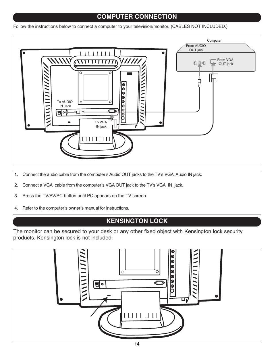 Computer connection, Kensington lock | Memorex MT1701 User Manual | Page 15 / 33