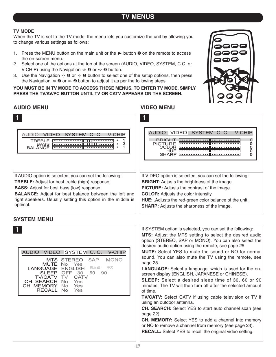 Tv menus | Memorex MT1701 User Manual | Page 18 / 33
