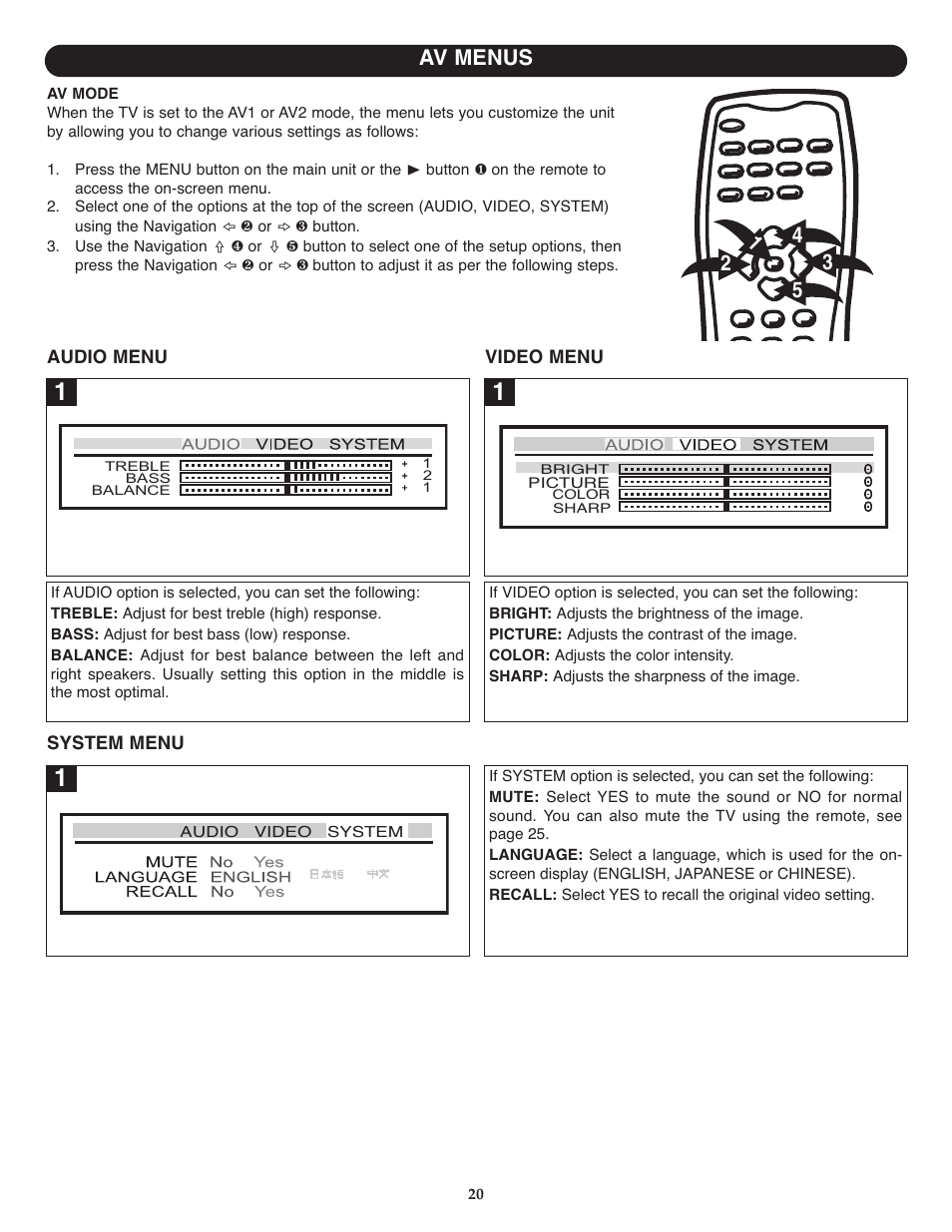Av menus | Memorex MT1701 User Manual | Page 21 / 33