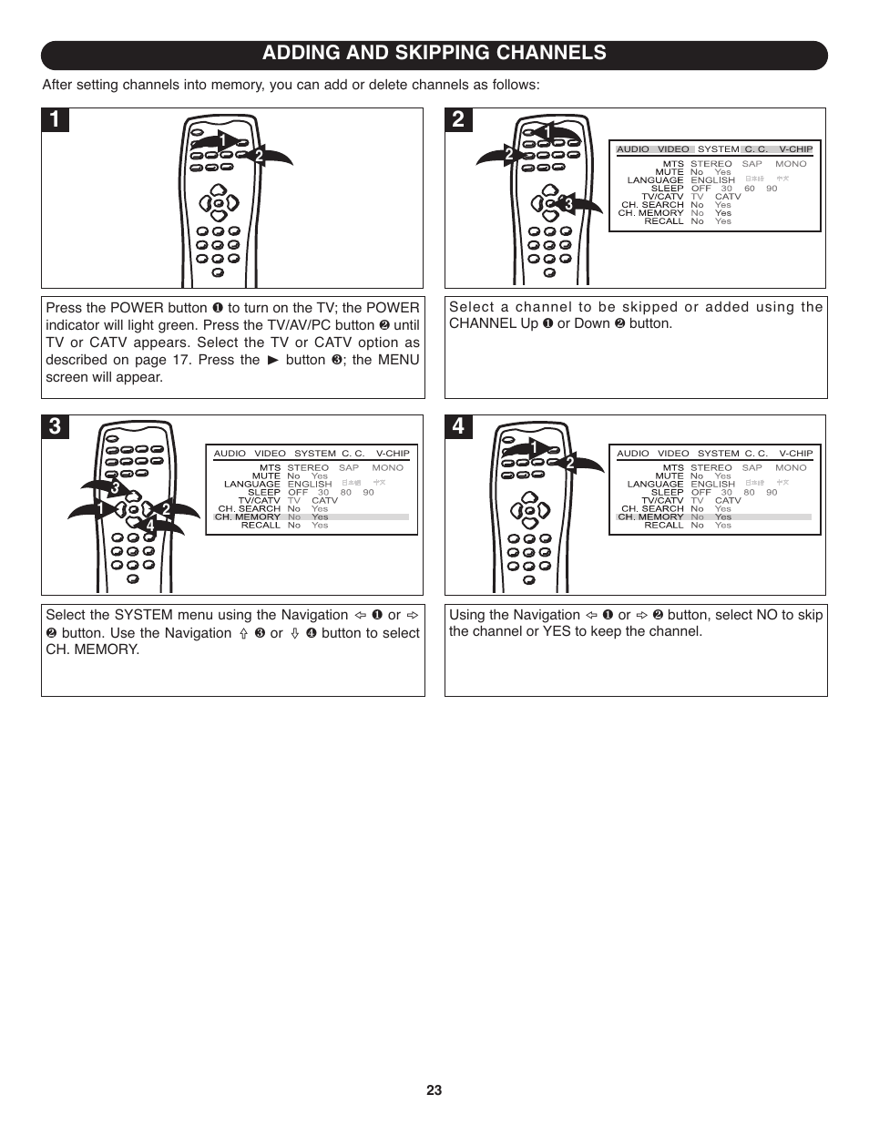 Adding and skipping channels | Memorex MT1701 User Manual | Page 24 / 33