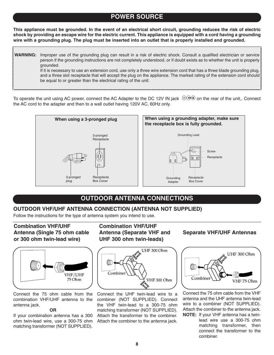 Outdoor antenna connections, Power source | Memorex MT1701 User Manual | Page 9 / 33