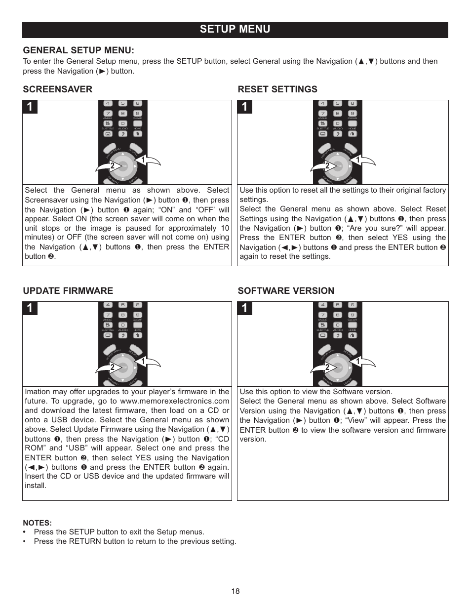 Setup menu, General setup menu, Screensaver reset settings | Update firmware software version | Memorex Digital Video Disc Player User Manual | Page 18 / 86