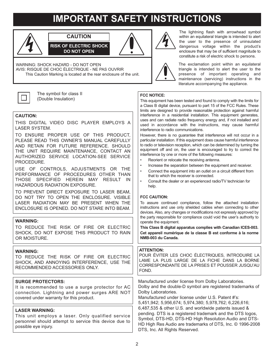 Important safety instructions | Memorex Digital Video Disc Player User Manual | Page 2 / 86