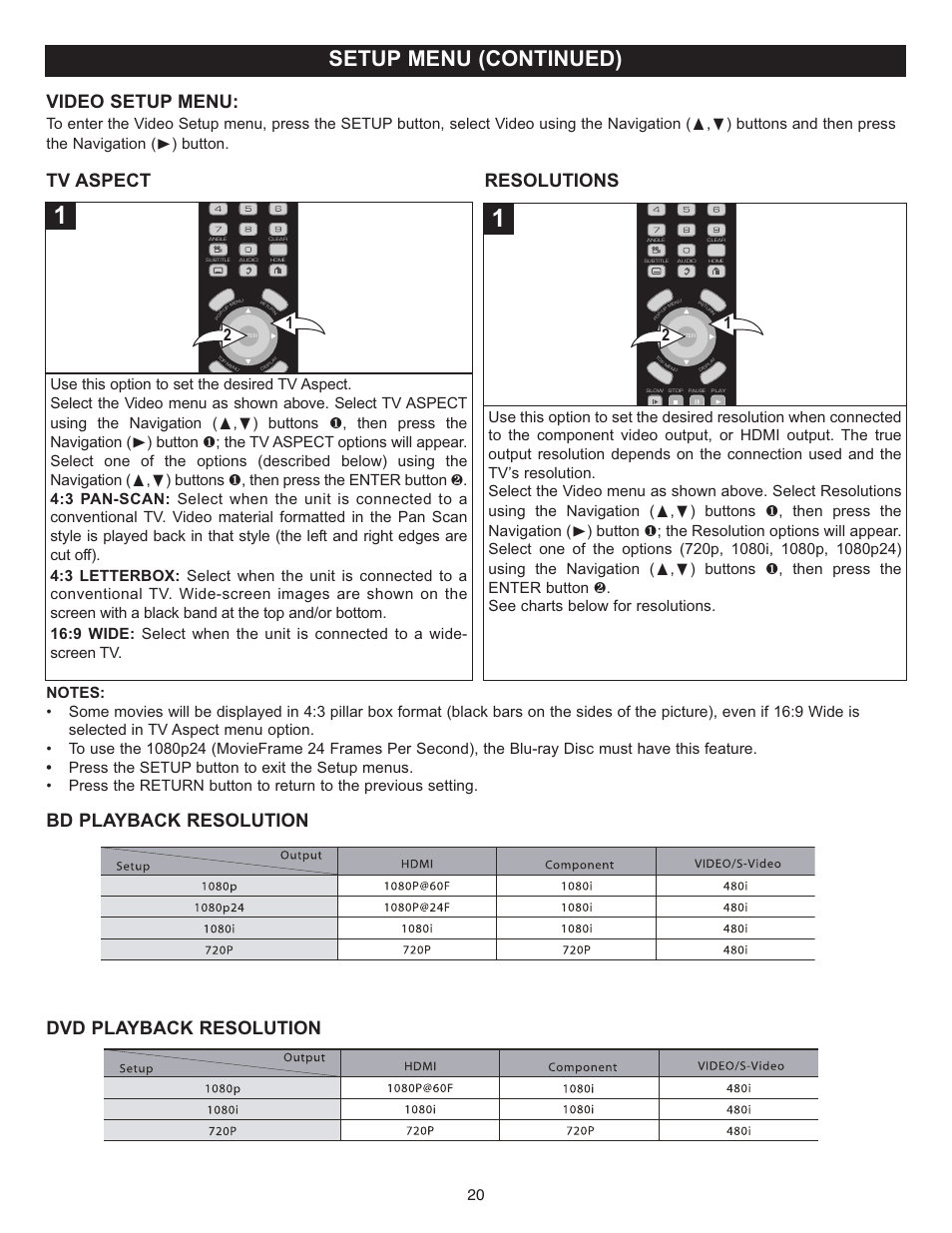 Setup menu (continued), Video setup menu, Resolutions | Memorex Digital Video Disc Player User Manual | Page 20 / 86
