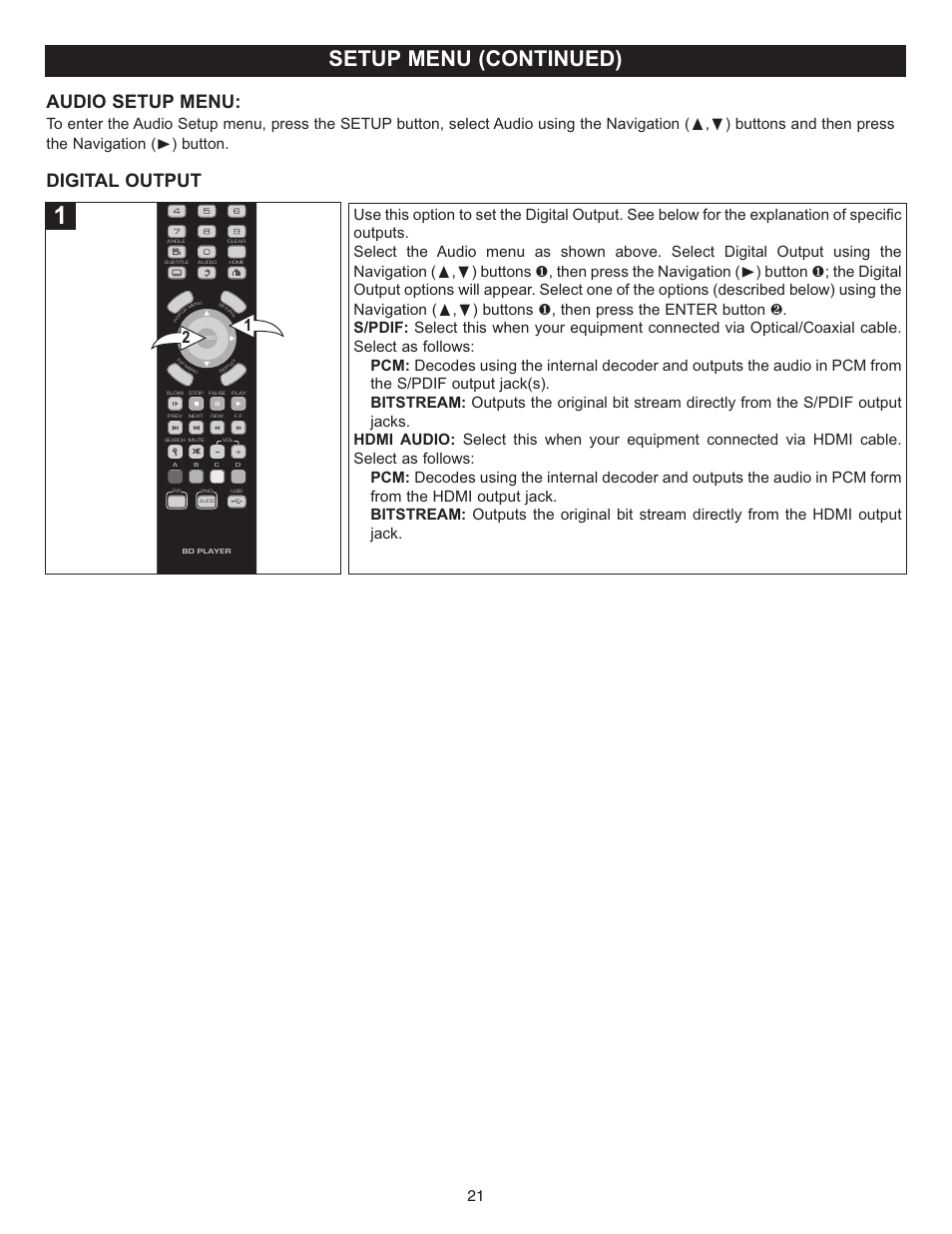 Setup menu (continued), Audio setup menu, Digital output | Memorex Digital Video Disc Player User Manual | Page 21 / 86