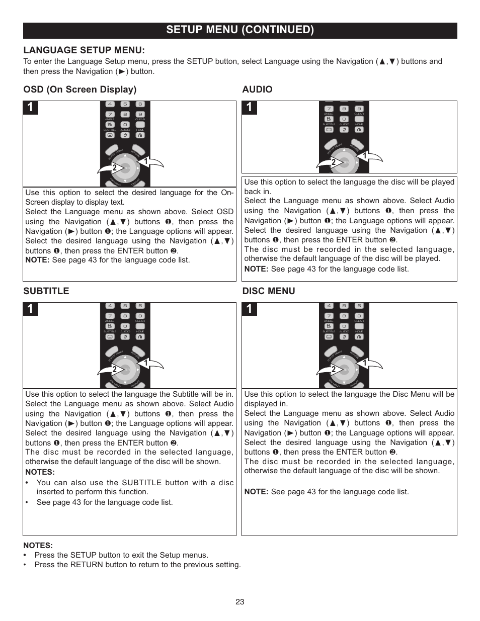 Setup menu (continued), Language setup menu, Osd (on screen display) audio | Subtitle disc menu | Memorex Digital Video Disc Player User Manual | Page 23 / 86