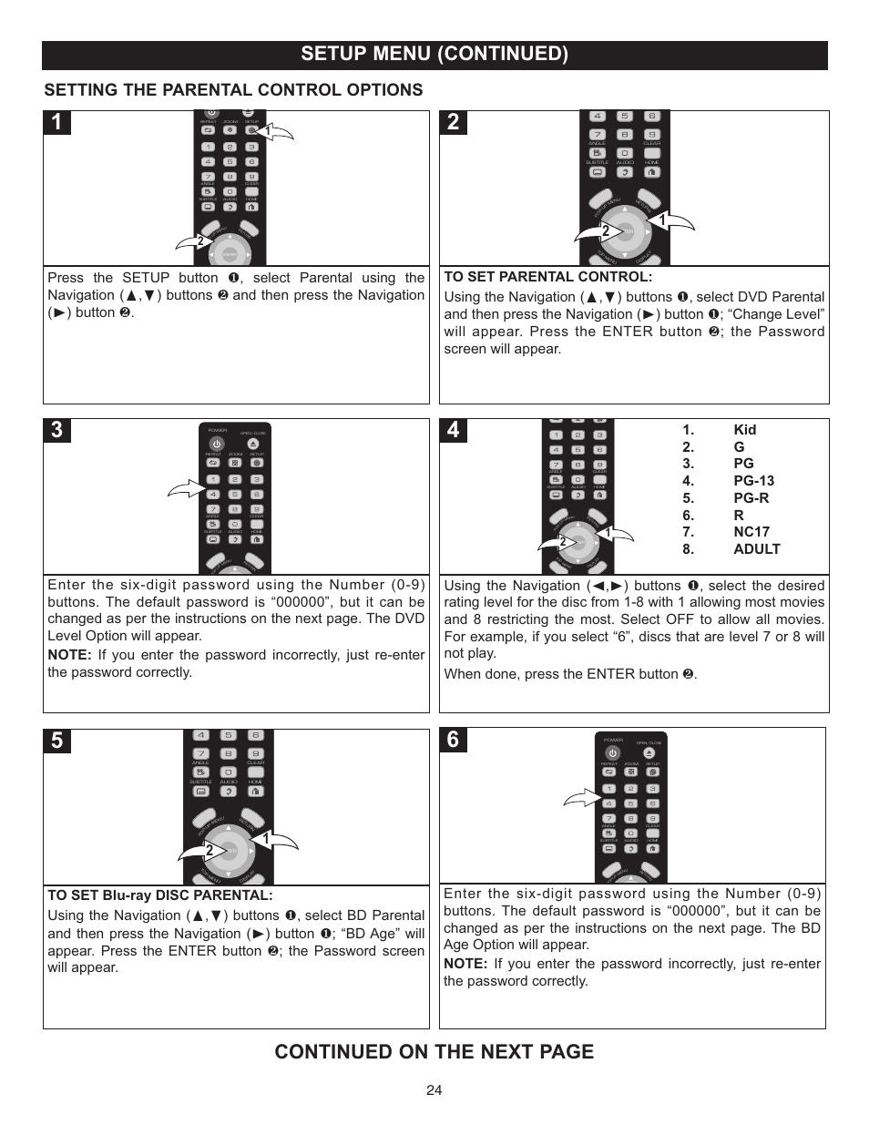 Setup menu (continued), Continued on the next page, Setting the parental control options | Memorex Digital Video Disc Player User Manual | Page 24 / 86