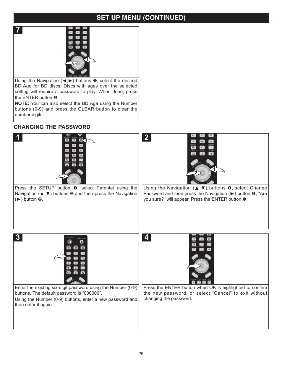 Set up menu (continued), Changing the password | Memorex Digital Video Disc Player User Manual | Page 25 / 86