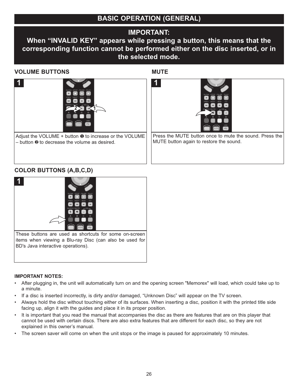 Volume buttons, Color buttons (a,b,c,d), Mute | Memorex Digital Video Disc Player User Manual | Page 26 / 86