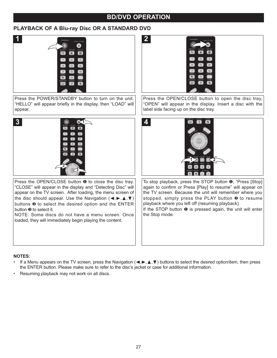 Bd/dvd operation, Playback of a blu-ray disc or a standard dvd | Memorex Digital Video Disc Player User Manual | Page 27 / 86