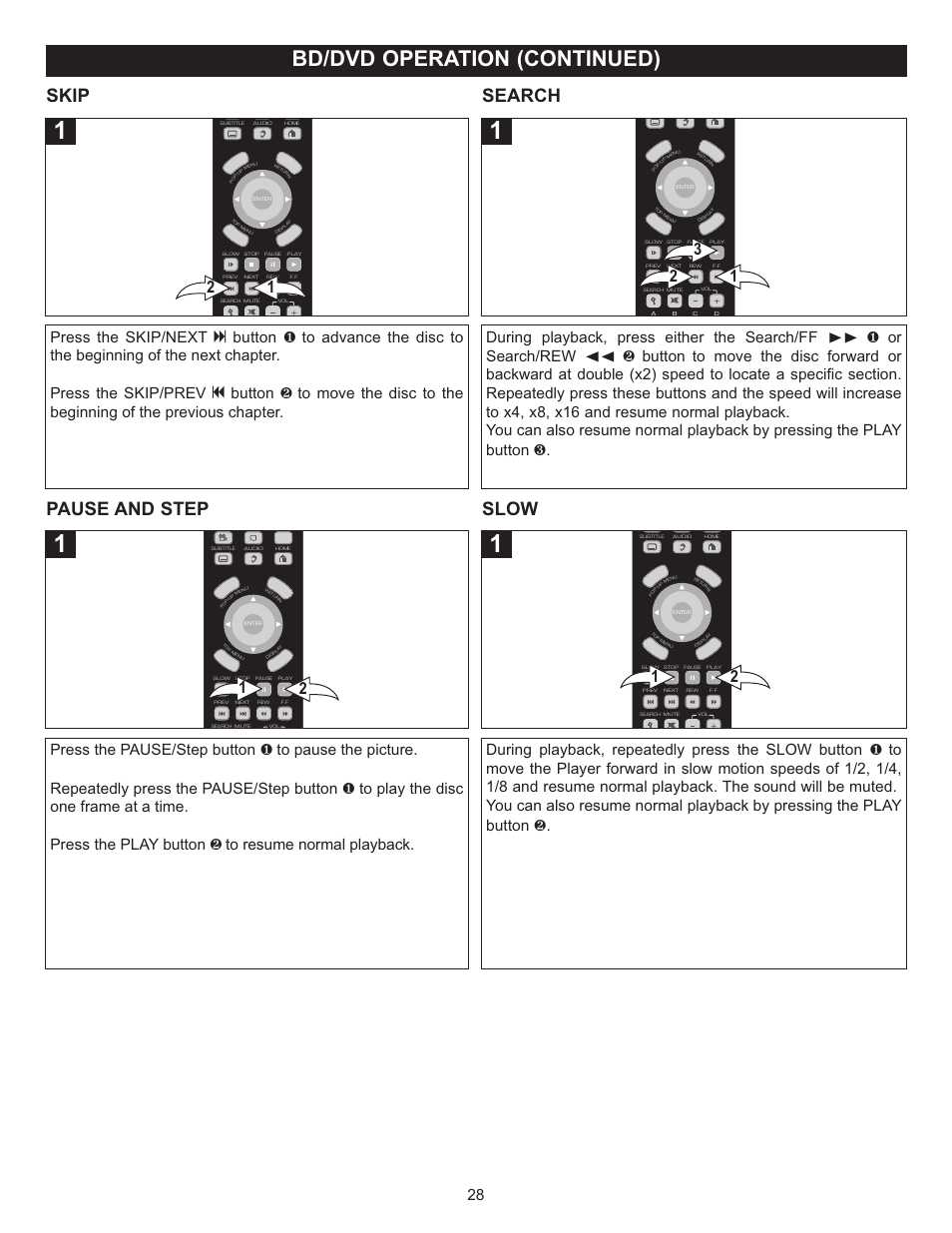 Bd/dvd operation (continued), Skip search, Pause and step slow | Memorex Digital Video Disc Player User Manual | Page 28 / 86