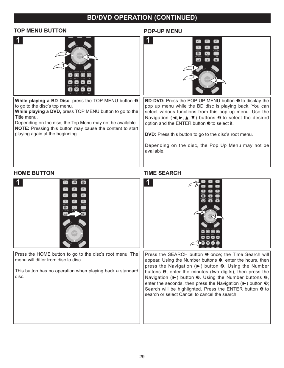 Bd/dvd operation (continued), Top menu button pop-up menu, Home button time search | Memorex Digital Video Disc Player User Manual | Page 29 / 86