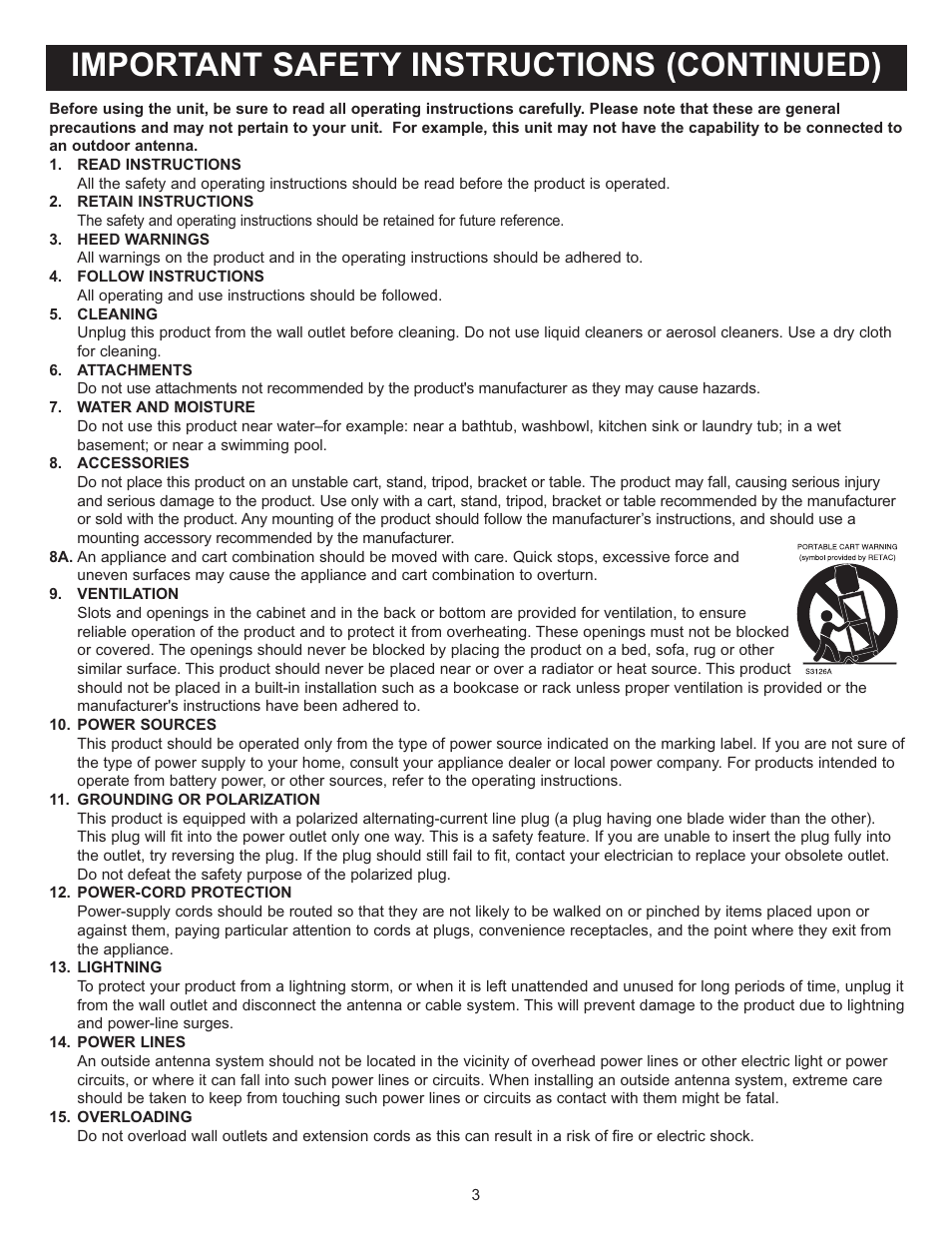 Important safety instructions (continued) | Memorex Digital Video Disc Player User Manual | Page 3 / 86
