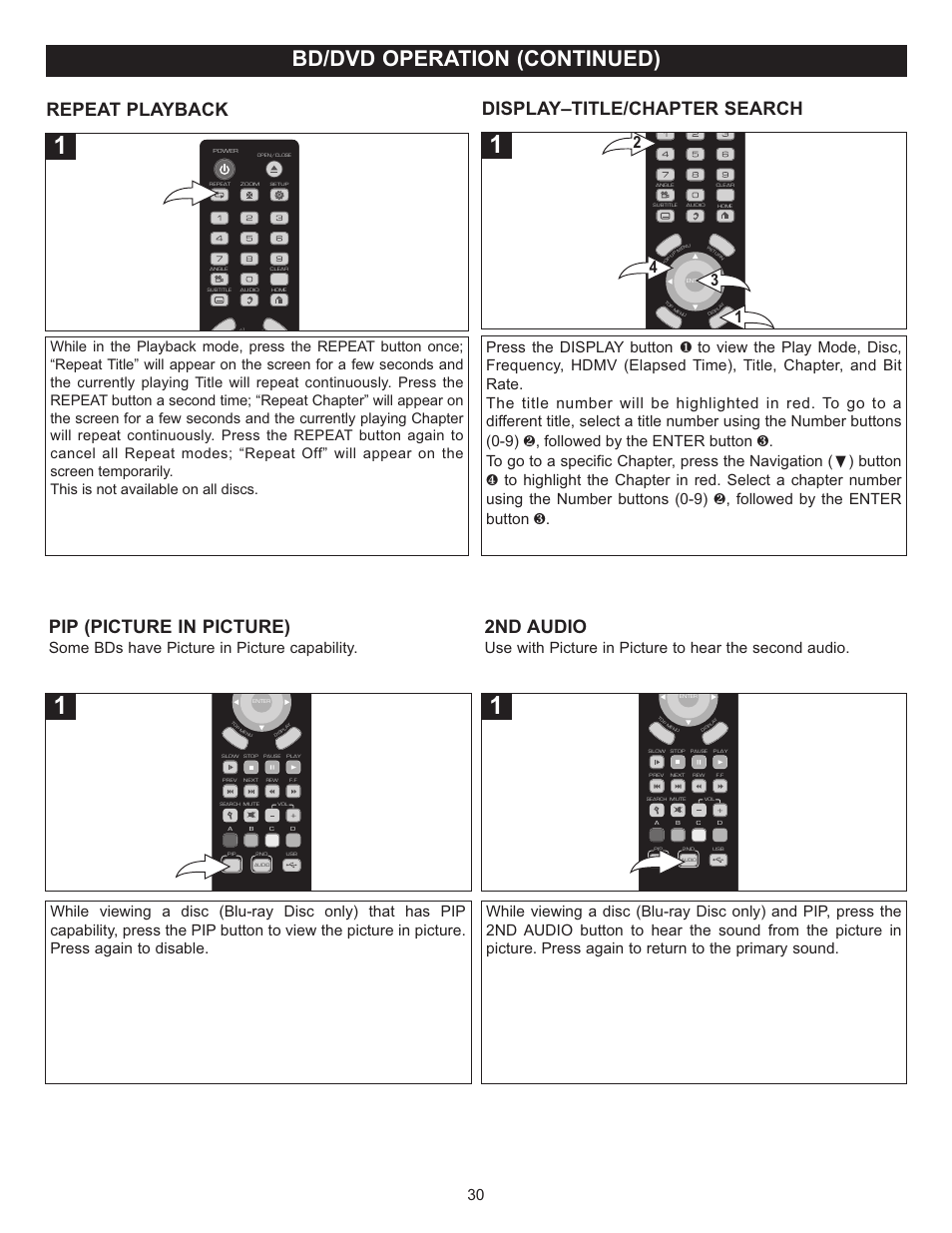 Bd/dvd operation (continued), Repeat playback pip (picture in picture), 2nd audio | Display–title/chapter search | Memorex Digital Video Disc Player User Manual | Page 30 / 86