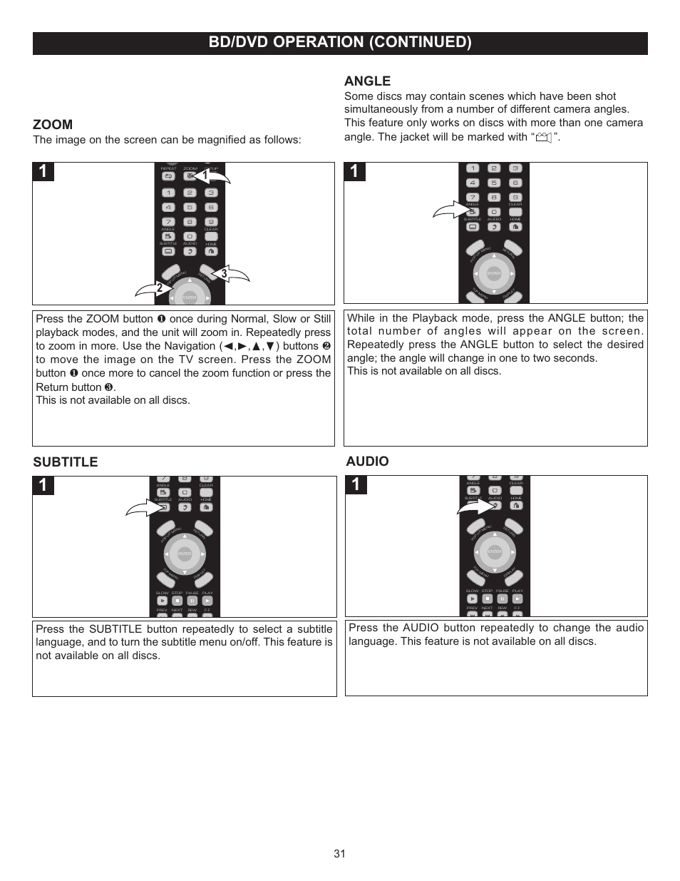 Bd/dvd operation (continued), Zoom, Angle | Subtitle, Audio | Memorex Digital Video Disc Player User Manual | Page 31 / 86